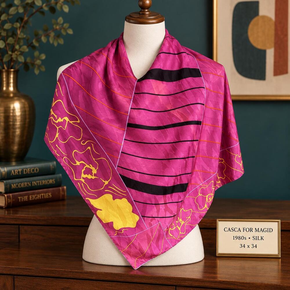 Vintage Casca for Magid 1980s Silk Scarf Abstract Floral Stripe 34x34